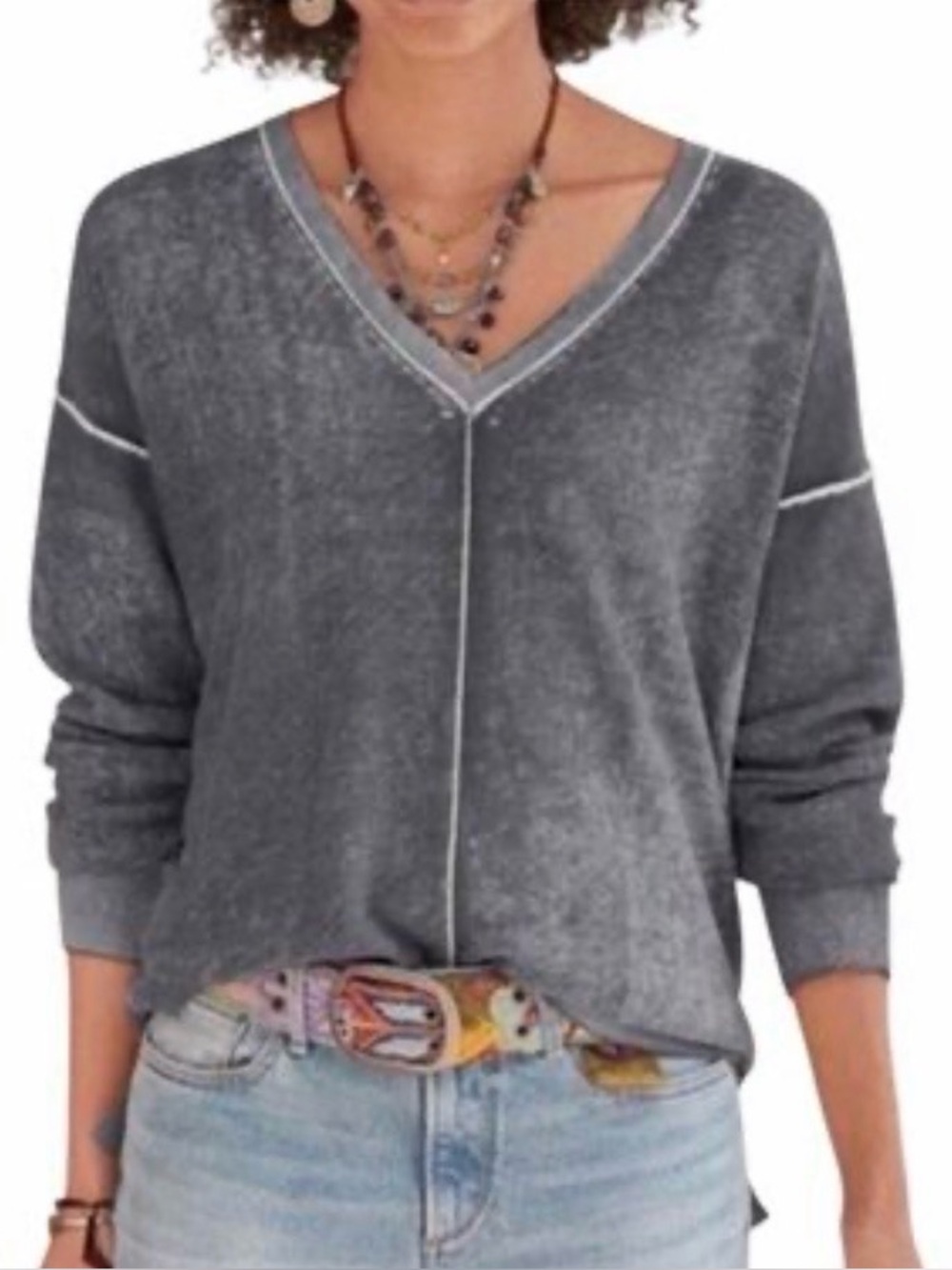 Sundance  Cece V-Neck Distressed Washed  Gray Pullover size M 100% Cotton
